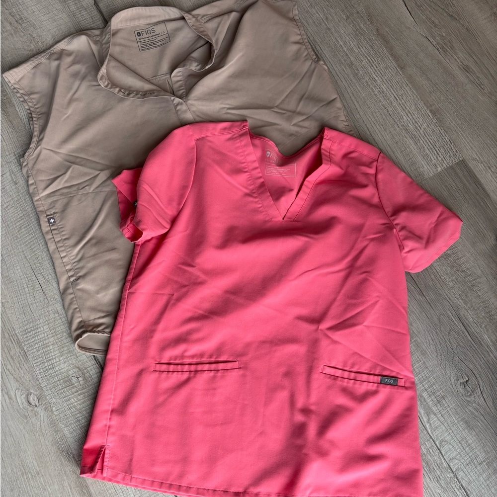 Two FIGS Pink and Tan Scrub Tops